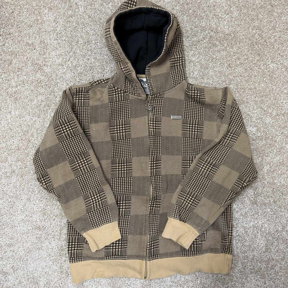 Y2K Avirex Hoodie Youth 12-14 Beige Plaid Full Zip Fleece Sweatshirt Logo Hooded